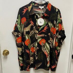 Umgee Black Button-Up Tropical Print Top with Red & Green Accents